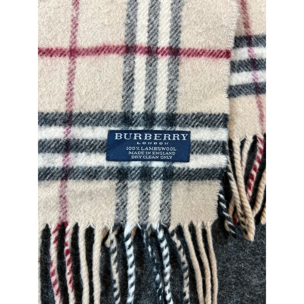 Burberry London Lambswool Scarf Womens Beige Tan Plaid Fringed Winter Preppy